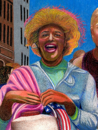 Detail from Gary LeGault's drawing of the 1973 New York Pride march: Marsha P. Johnson laughing, in a flower-covered hat and a pale blue jacket.