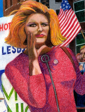Detail from Gary LeGault's drawing of the 1973 New York Pride march: Sylvia Rivera in a red coat, one hand raised to her mouth, calling out.